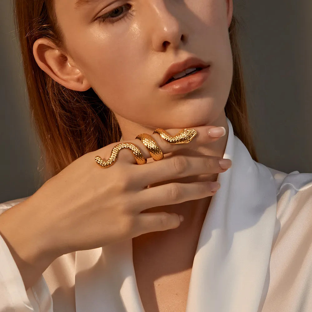 Vintage Long Snake Ring Set For Women Gold Silver Black Color Adjustable Finger Jewelry Gothic Female Gift
