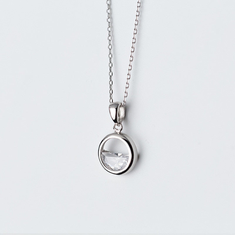 Real Sterling Silver Crystal Round Minimalist Pendant Necklaces
