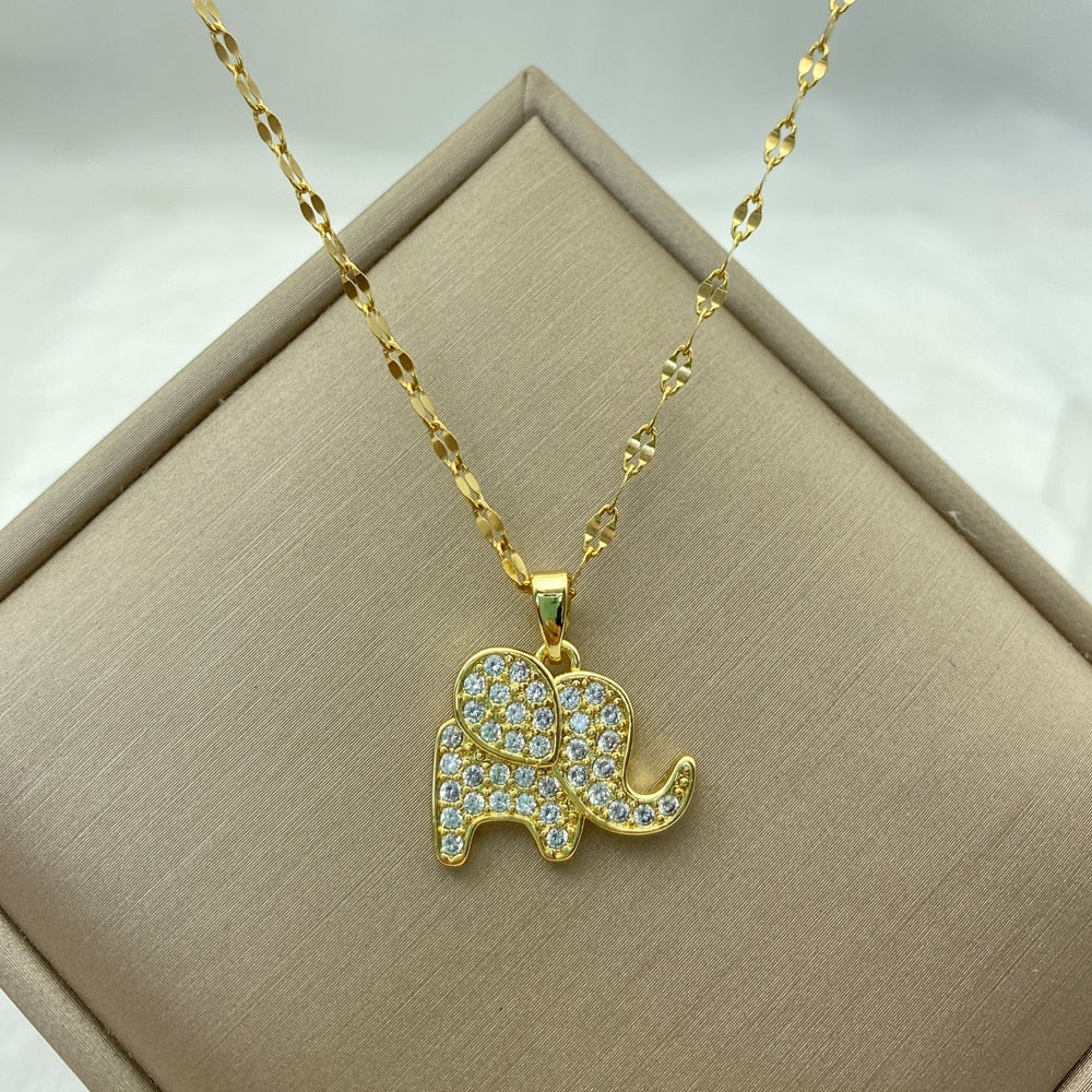 Gold Color Necklace for Women Zircon Jewelry Pendant Necklace Stainles Steel Mermaid , Heart , Butterfly, Sunflower