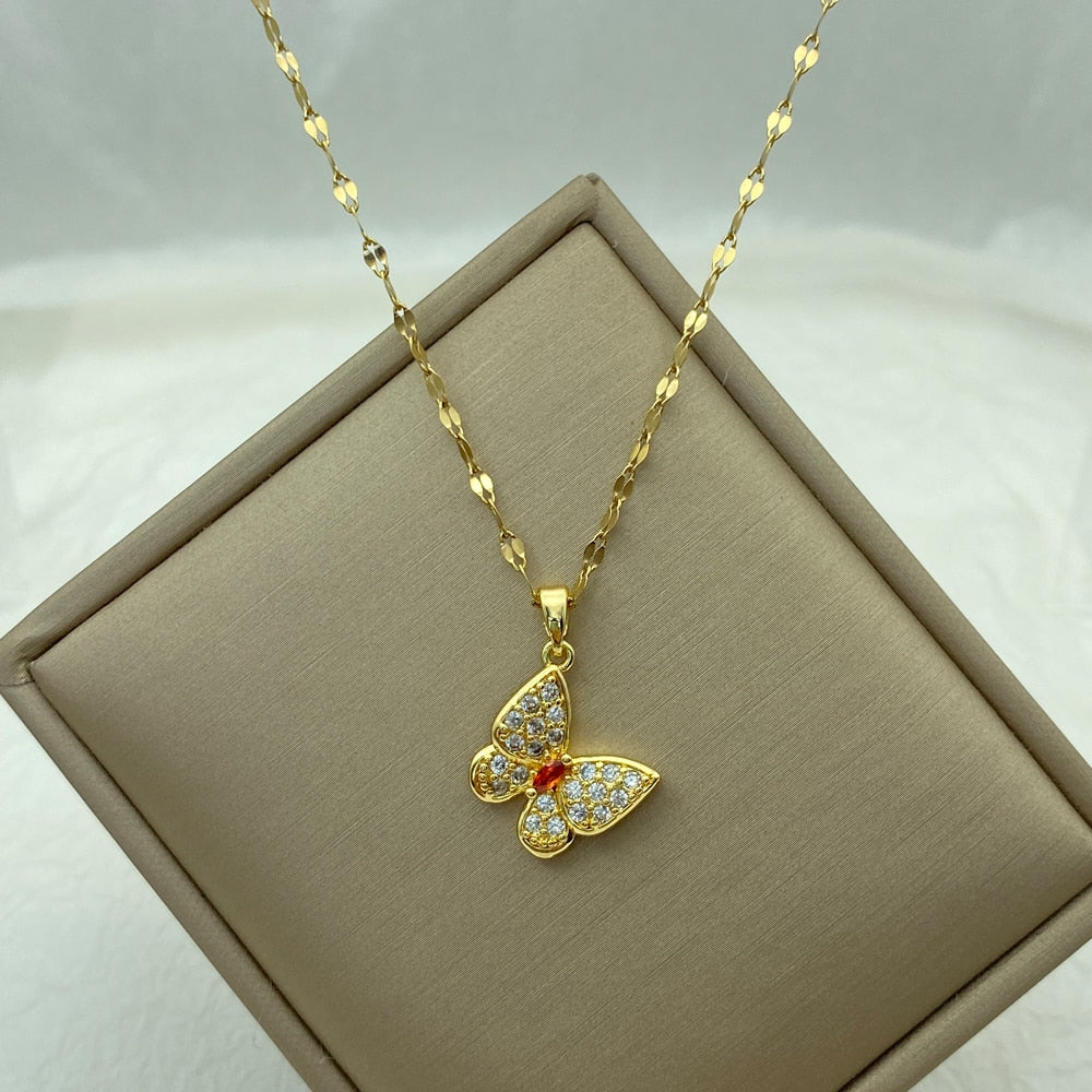 Gold Color Necklace for Women Zircon Jewelry Pendant Necklace Stainles Steel Mermaid , Heart , Butterfly, Sunflower